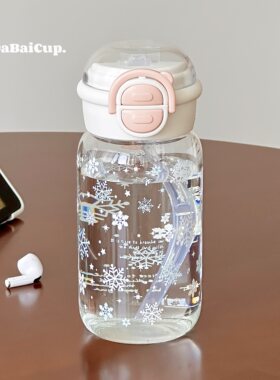 透明雪花玻璃吸管杯提环保温可爱
