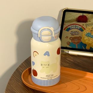 高颜值吸管水杯苹果小猫杯子可爱316不锈钢 学生保温杯女2024新款