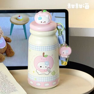 可爱苹果小猫水杯保温杯新款 2025女生高颜值吸管杯子学生上学专用