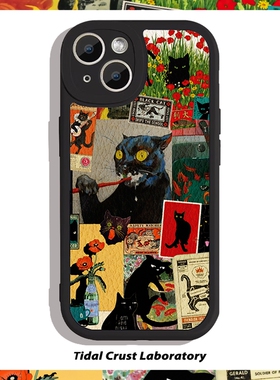 黑色小羊皮复古黑猫欧美油画全包手机壳适用苹果15nova10华为p50E/mate60小米13opporeno9vivo荣耀80iPhone