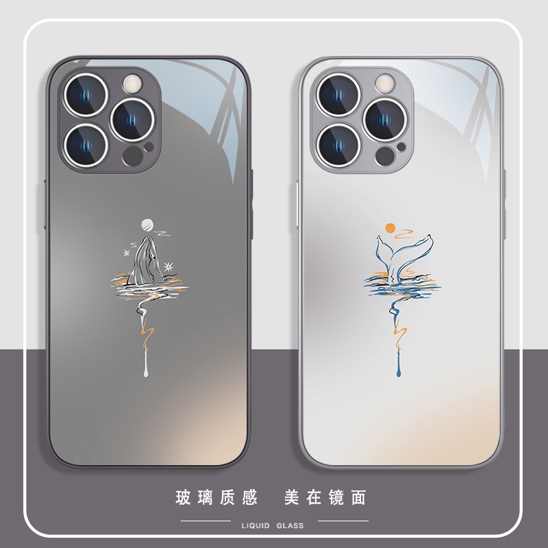 渐变玻璃适用鲸鱼苹果14手机壳iPhone13promax情侣12新款mini创意11pro高级感8plus全包xr小众
