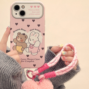 适用苹果14pro手机壳可爱小熊兔子iphone15promax少女粉色13新款12挂绳15女款13pro全包大视窗皮质防摔手机套