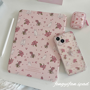 韩风粉色猫咪小碎花适用iPad保护壳2022pro11寸苹果平板壳新款air5/4亚克力360可旋转mini6带笔槽ipad9保护套