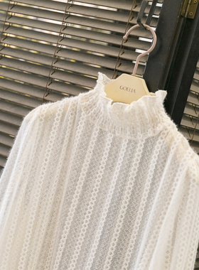 小香风薄款白色蕾丝小衫半高领打底衫内搭毛衣镂空温柔木耳边上衣
