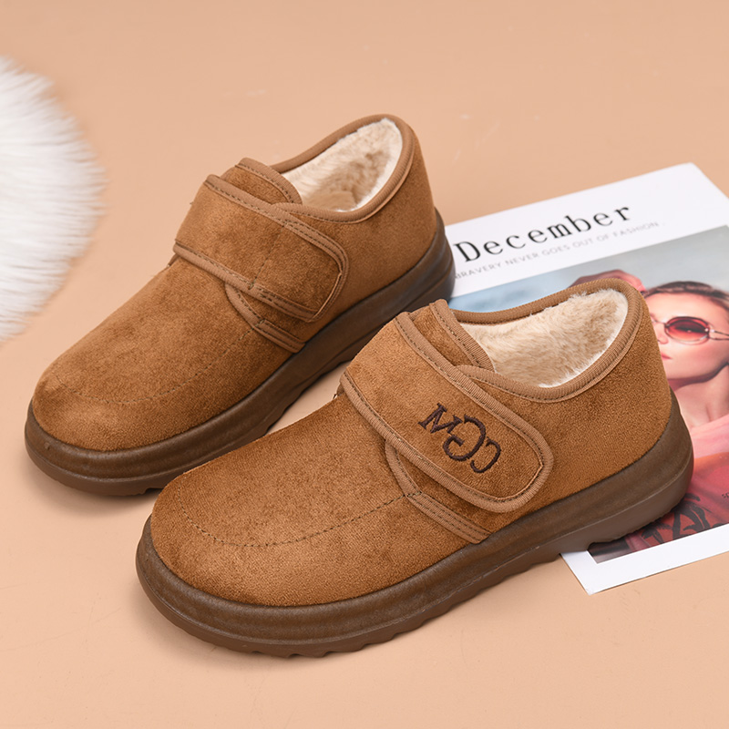 冬季新款魔术贴一脚蹬圆头低帮棉鞋老北京女靴加绒保暖面包头棉鞋