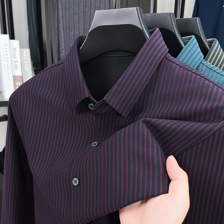2025新款高档长袖衬衫男士商务休闲宽松竖条纹中年爸爸衬衣免烫潮