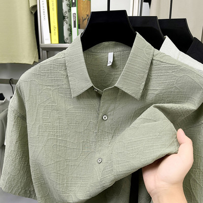 2026新款莱赛尔天丝翻领衬衫男士夏季短袖薄款高级感提花宽松衬衣