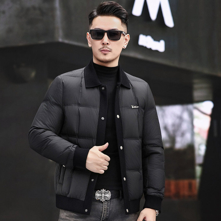 秋冬短款男士羽绒服鸭绒黑色翻领外套加厚保暖宽松商务防寒服衣服