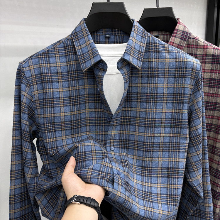 秋季新款高档羊毛长袖格子衬衫中青年男士装休闲磨毛宽松衬衣外套