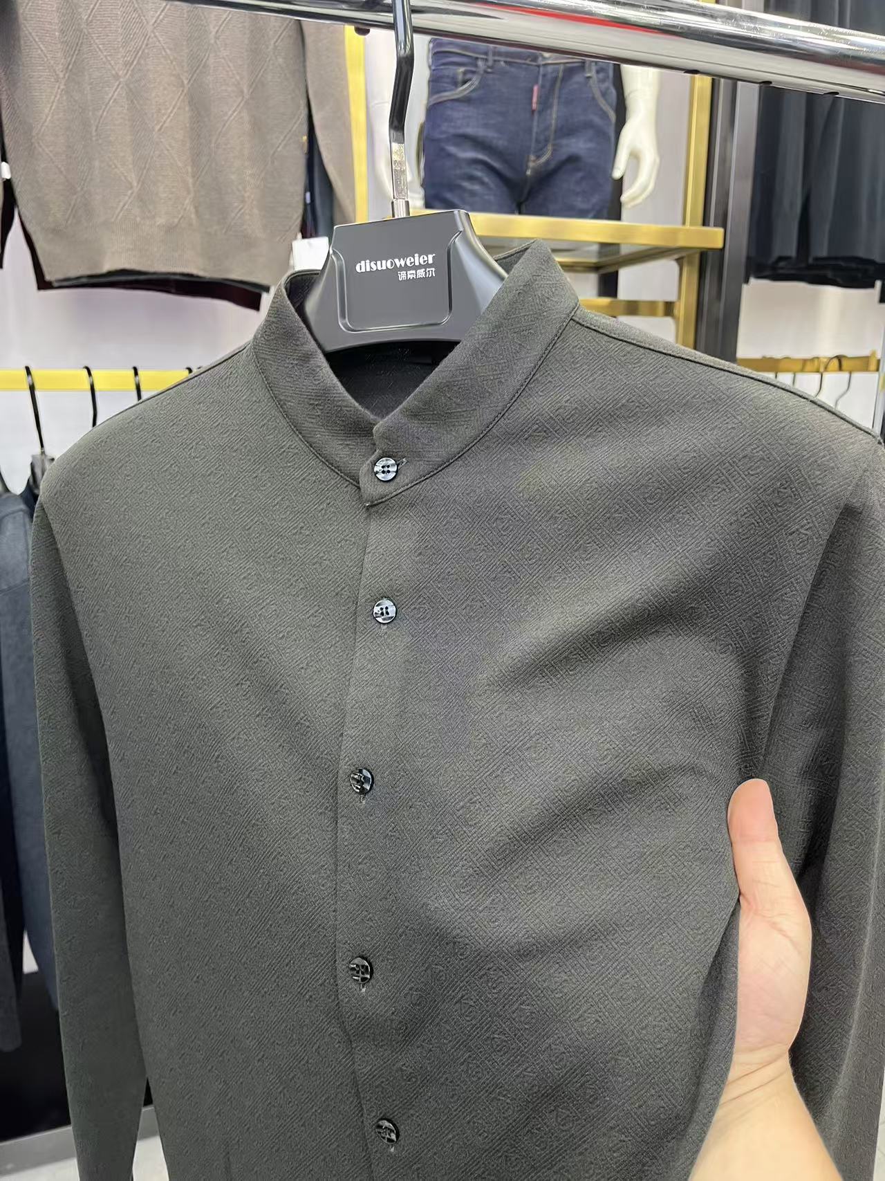 2024秋季新款男士长袖衬衫商务休闲百搭纯色简约立领衬衣男装上衣