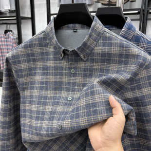 衬衫 高端经典 100%纯棉免烫长袖 加绒磨毛格子衬衣男秋冬季 男上衣 款