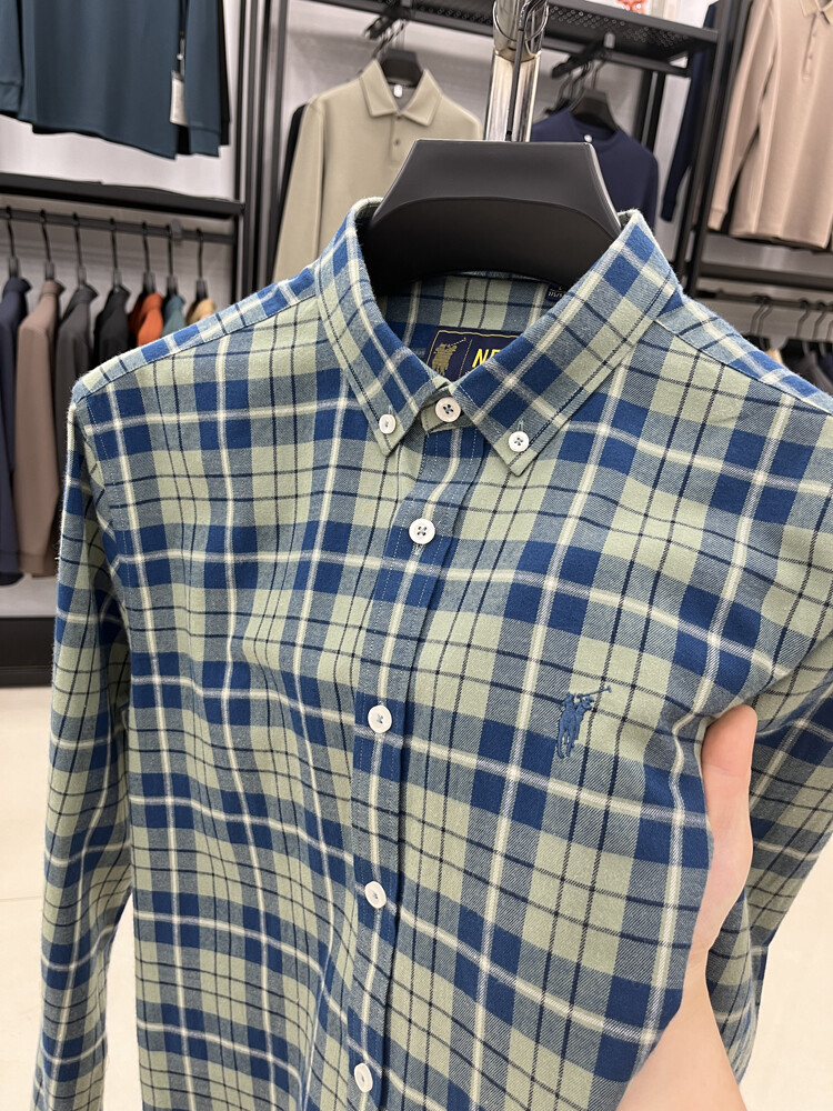 100%纯棉刺绣码标高端衬衫男格纹宽松长袖中青年商务休闲刺绣衬衣