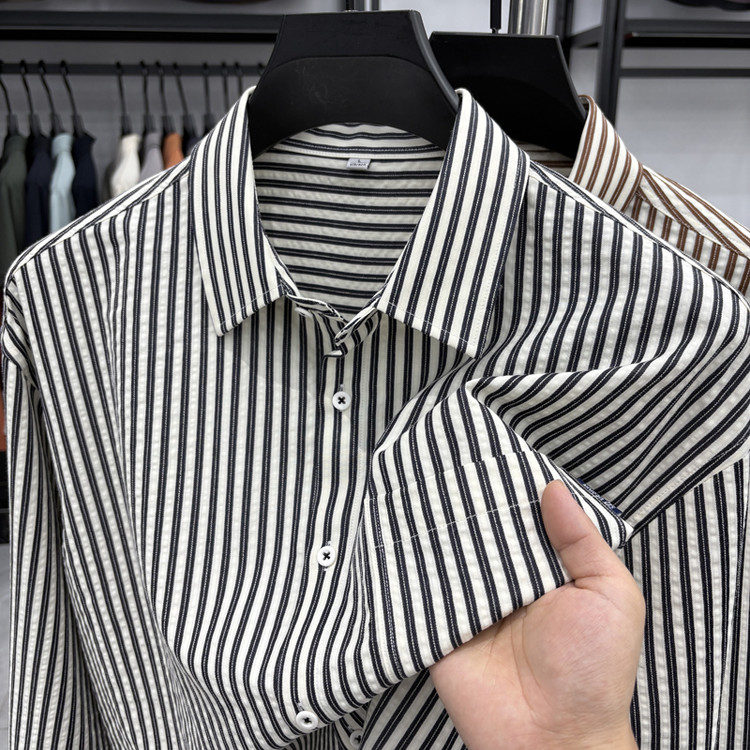 2025春秋季新款中青年男士长袖衬衫商务休闲竖条纹衬衣男装上衣潮