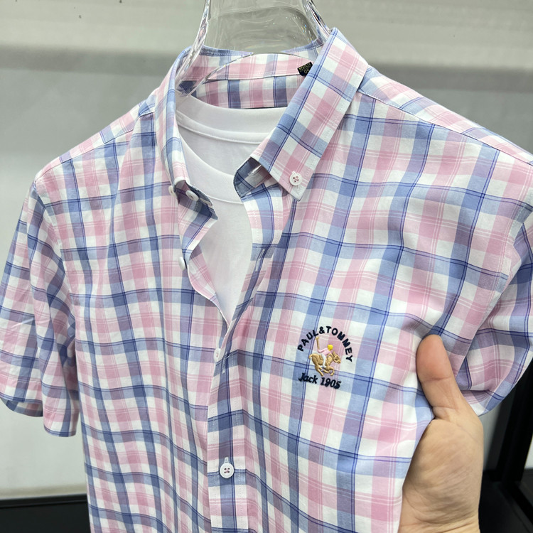 2025夏季中青年男士刺绣格子短袖衬衫休闲纯棉薄商务衬衣免烫高端