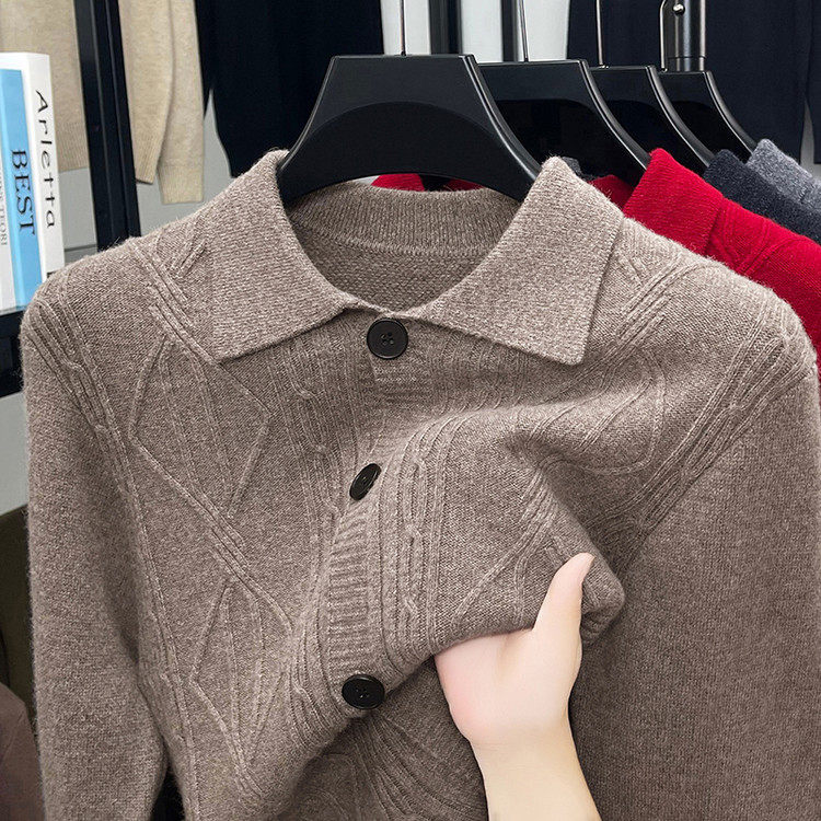 高档新款纯羊毛针织开衫外套男士秋冬季休闲复古翻领毛衣衫男款潮