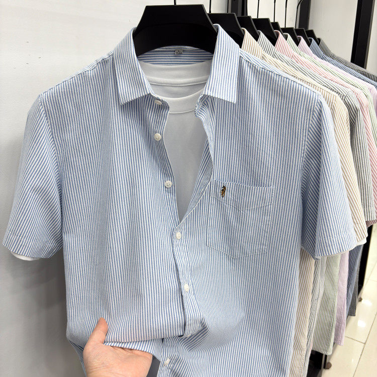 夏季新款有口袋衬衫男短袖条纹刺绣纯棉翻领休闲宽松上衣男士衬衣