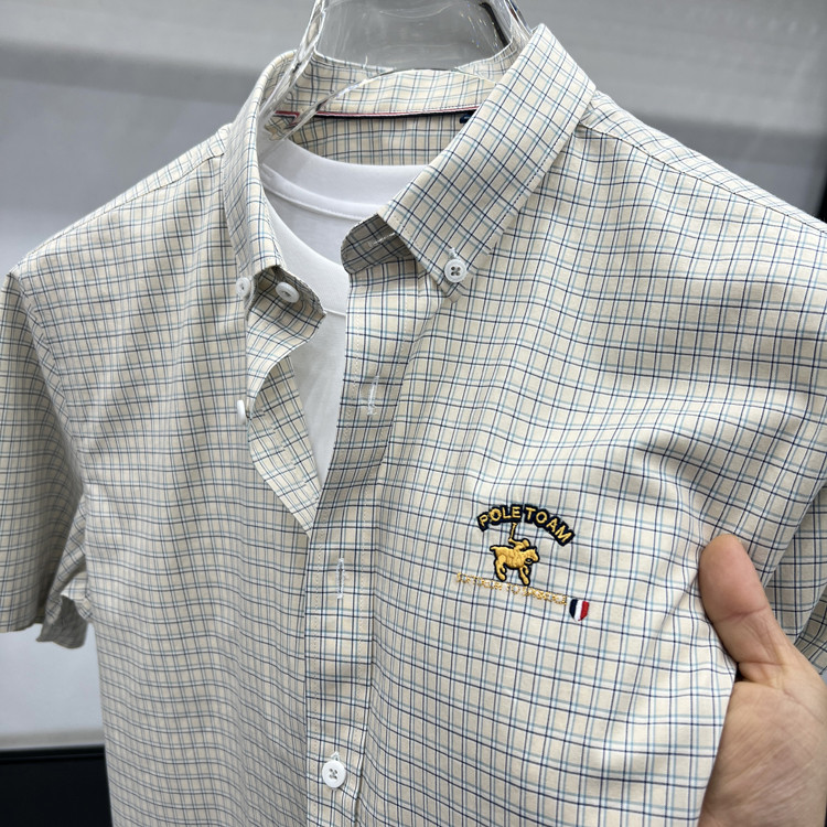 2025夏季新款中年男士格纹衬衫短袖纯棉商务休闲中年衬衣刺绣马标