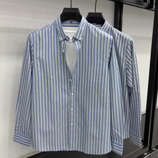 春秋季新款男士纯棉长袖衬衫商务休闲中年条纹牛津纺全棉抗皱衬衣