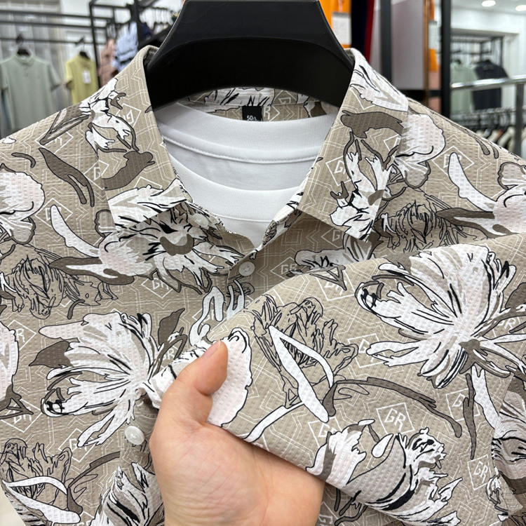 2025年夏碎花新款冰丝短袖衬衫男翻领衬衣中年男士宽松休闲上衣服