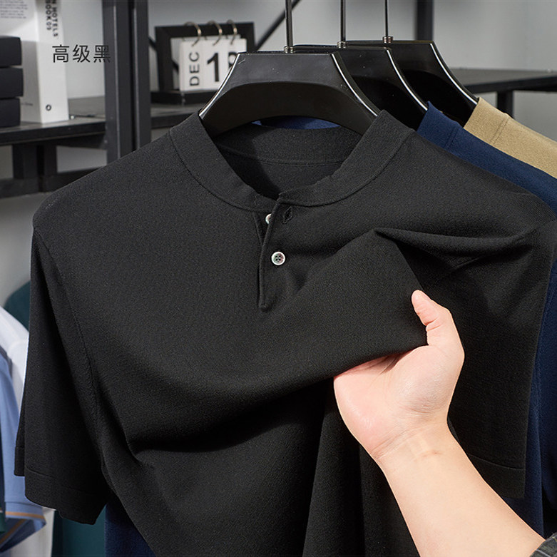 夏季薄款男士精选天丝面料亨利领美式休闲针织衫冰丝短袖T恤凉感