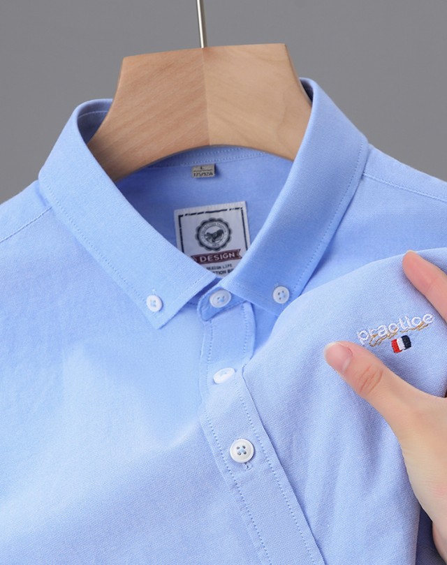 100%纯棉牛津纺衬衫男短袖休闲纯色绣花男士衬衣夏装上衣磨毛寸衫