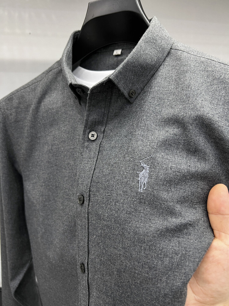 高端刺绣马标净版纯色衬衫中青年男士重磅时尚商务休闲长袖衬衣朝