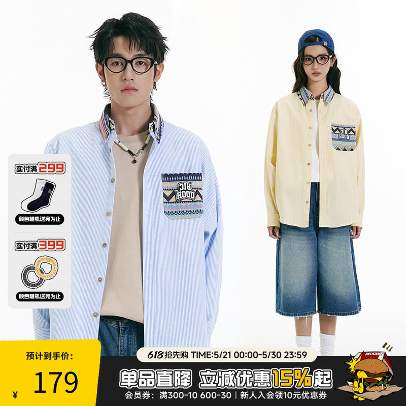 RIC民族风条纹衬衫男长袖秋季新款 潮牌情侣蓝色长袖衫衬衣外套女