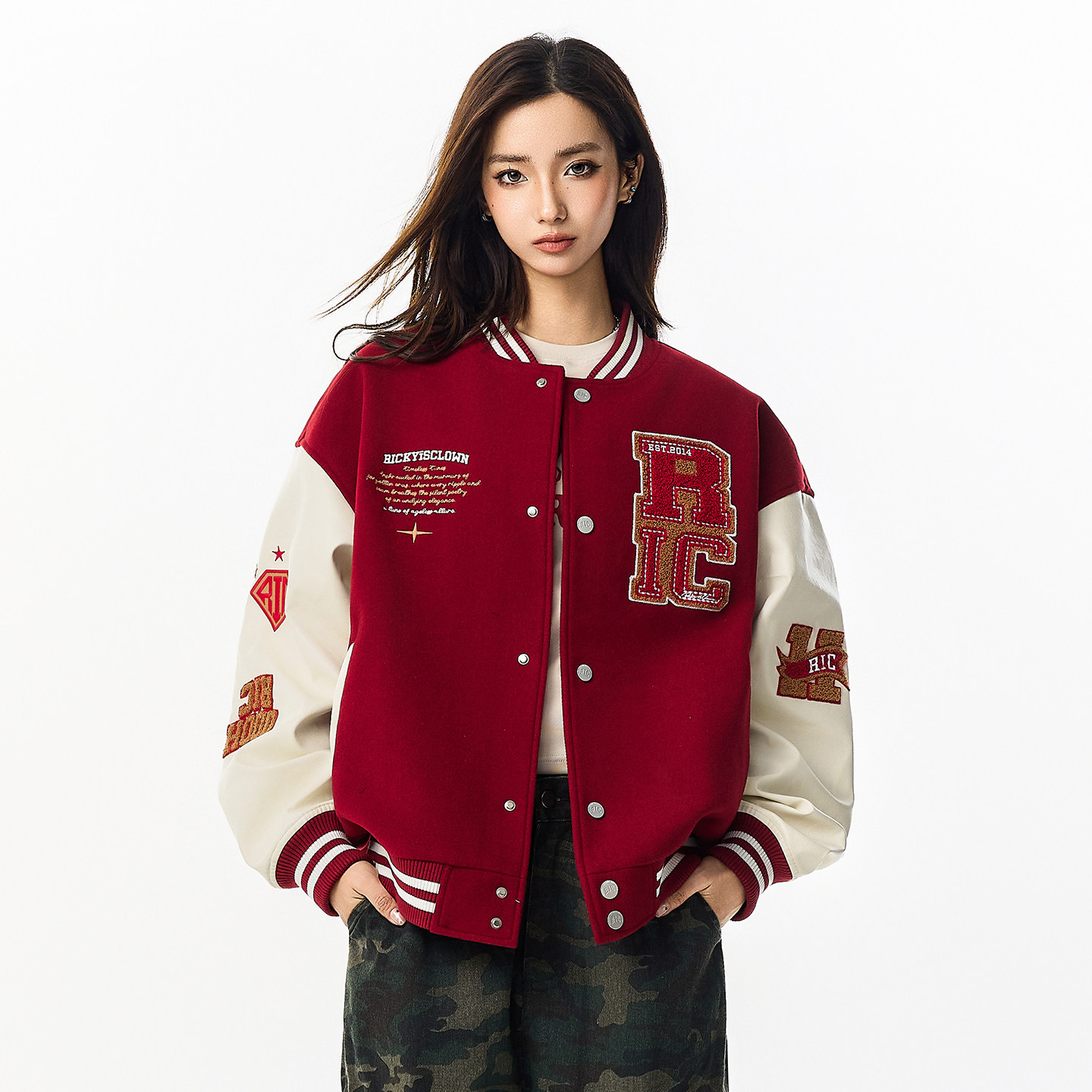 RIC毛巾绣撞色PU皮拼接棒球服男款2025秋季 宽松潮牌情侣夹克外套
