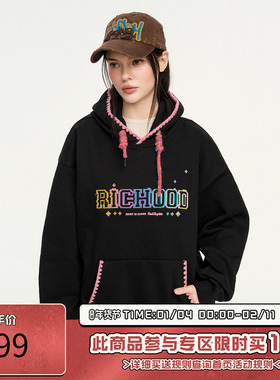RIC 像素点绣花连帽卫衣男秋冬新款宽松加绒加厚潮牌情侣装外套女