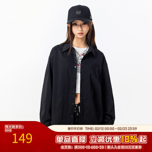 RickyisClown纯色长袖衬衫男秋季潮牌宽松字母刺绣简约衬衣外套女