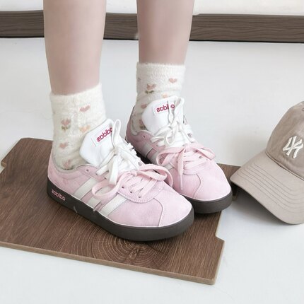 阿迪达斯球鞋定制 adidas VL COURT 樱粉猫爪女夏款粉色低帮板鞋