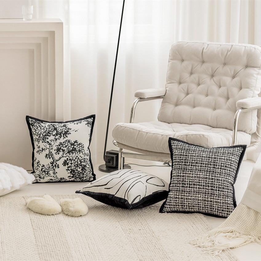 黑白抱枕法式森林素描轻奢提花高级感复古设计师款样板间靠枕靠垫