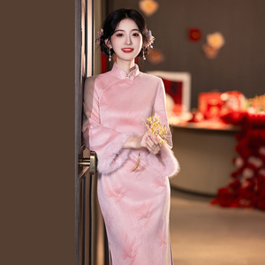 粉色新中式旗袍秋冬款倒大袖加绒加厚敬酒服新娘冬季订婚衣服礼服