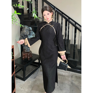 黑色旗袍女新中式冬装加绒加厚长袖气质民国风可以上班穿的冬季款
