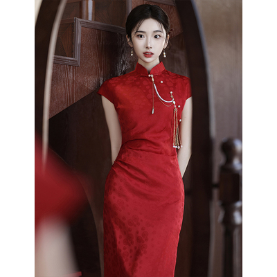 红色旗袍订婚礼服裙日常可穿夏季