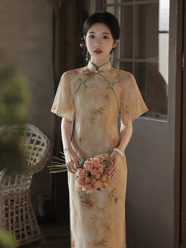 改良复古雪纺剪花旗袍裙女