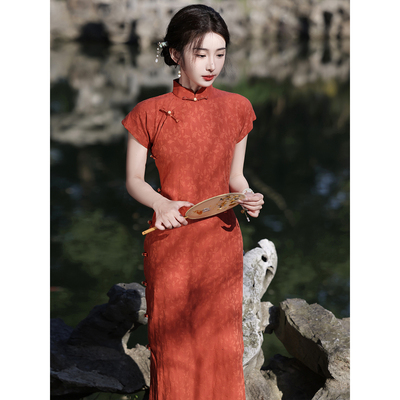 橘色旗袍年轻款订婚礼服连衣裙夏