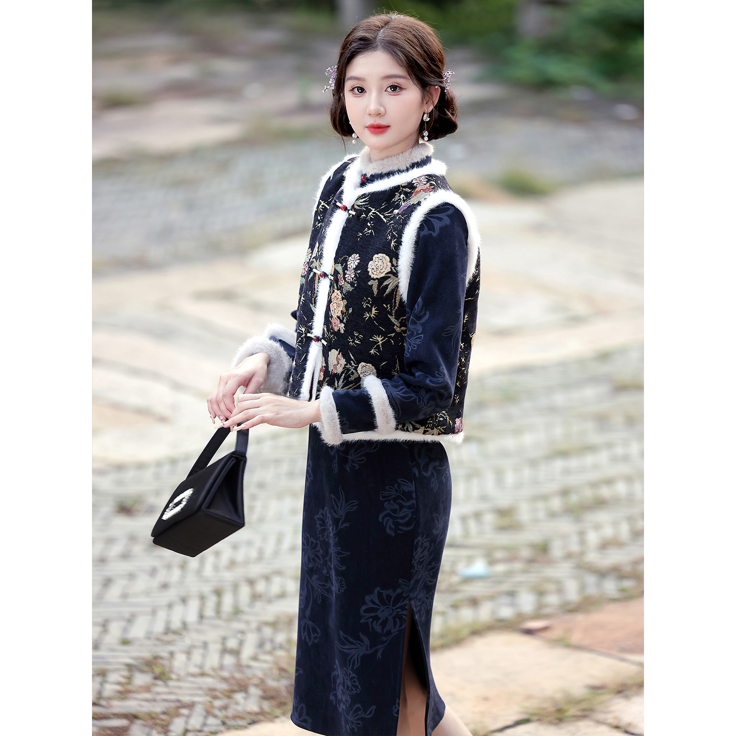 马甲套装加绒加厚冬季旗袍拜年服