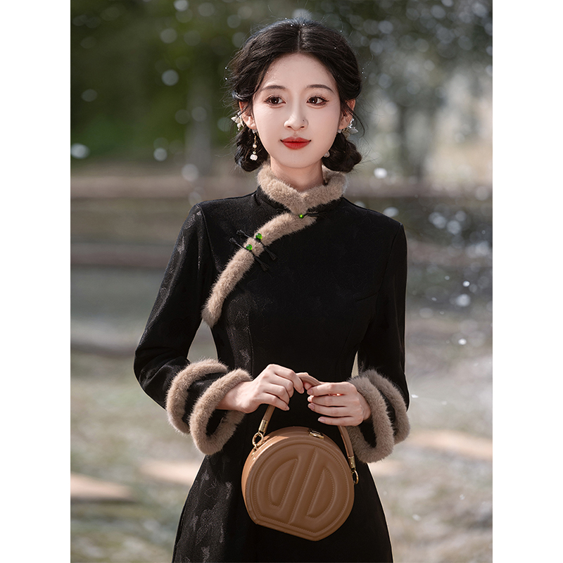 黑色小个子旗袍冬季改良新中式