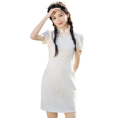 米白色蕾丝短款少女旗袍