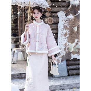 冬季改良新中式两件套古装女汉服粉色冬装加绒加厚日常中国风唐装