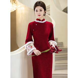 红色冬季旗袍敬酒服2025新款加绒加厚倒大袖新中式改良订婚礼服裙