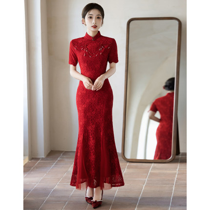 红色蕾丝旗袍敬酒服新娘2025新款结婚订婚礼服女改良新中式鱼尾裙