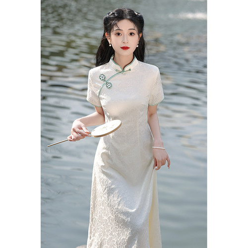 改良旗袍夏白色新中式奥黛连衣裙
