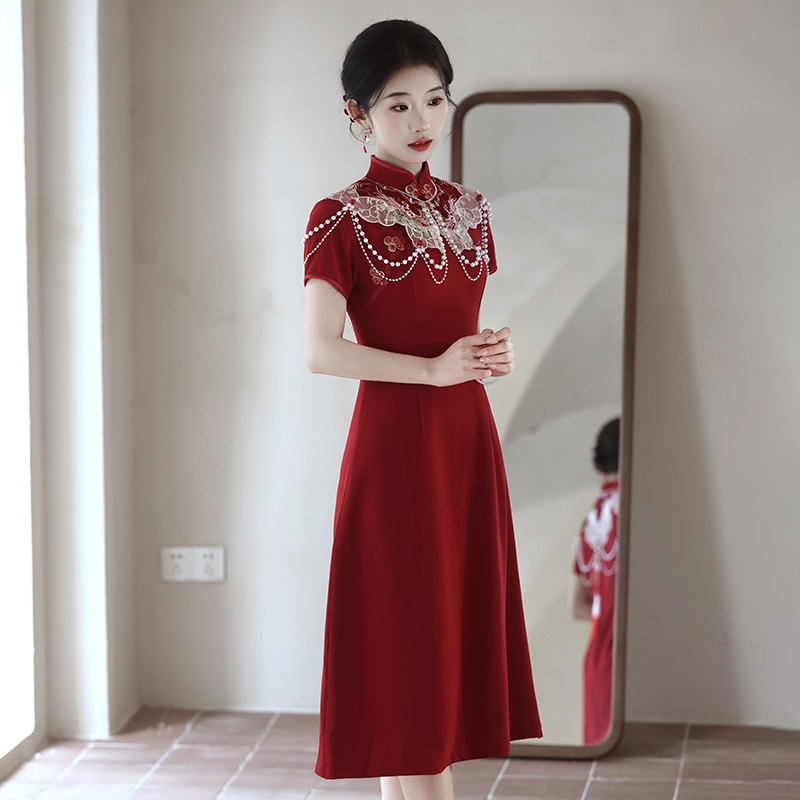 红色旗袍订婚改良云肩敬酒服