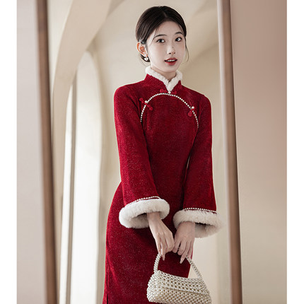 红色旗袍敬酒服冬季小个子加绒倒大袖新娘结婚订婚礼服秋冬新中式