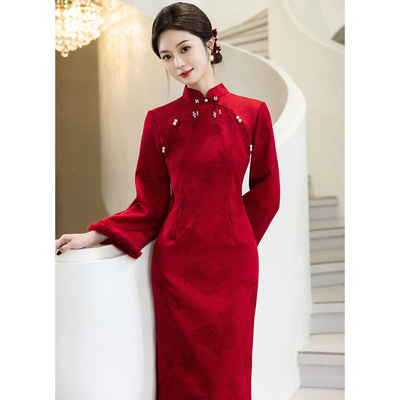 红色订婚旗袍新中式婚服冬季加厚