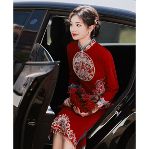 新中式旗袍敬酒服秋冬加绒加厚新娘结婚订婚礼服女刺绣红色高级感