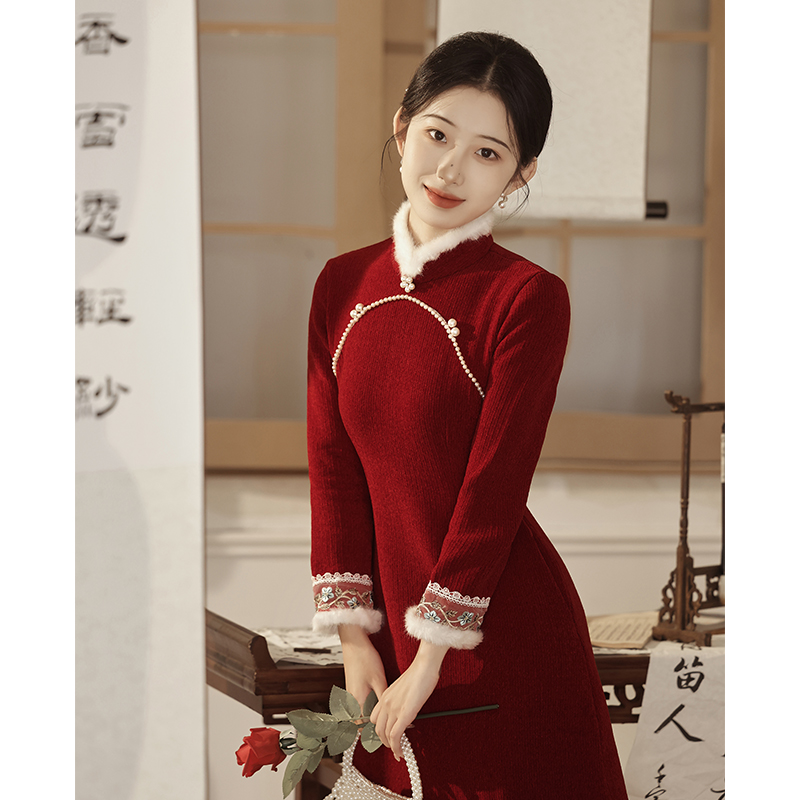 冬季敬酒服旗袍新娘订婚回门服红色小个子秋冬加绒加厚唐装新中式