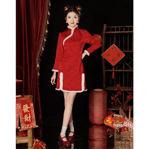 Красное ципао, утепленное летнее праздничнное вечернее платье, подходит для подростков